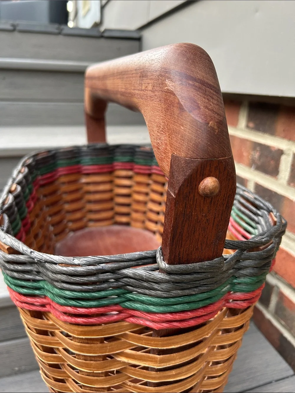 Vintage Foxcreek Stair Step Basket featuring a prominent solid mahogany handle